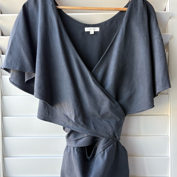 Vetta Capsule The Cape Jumpsuit XS navy blue wrap top wide leg pant set
